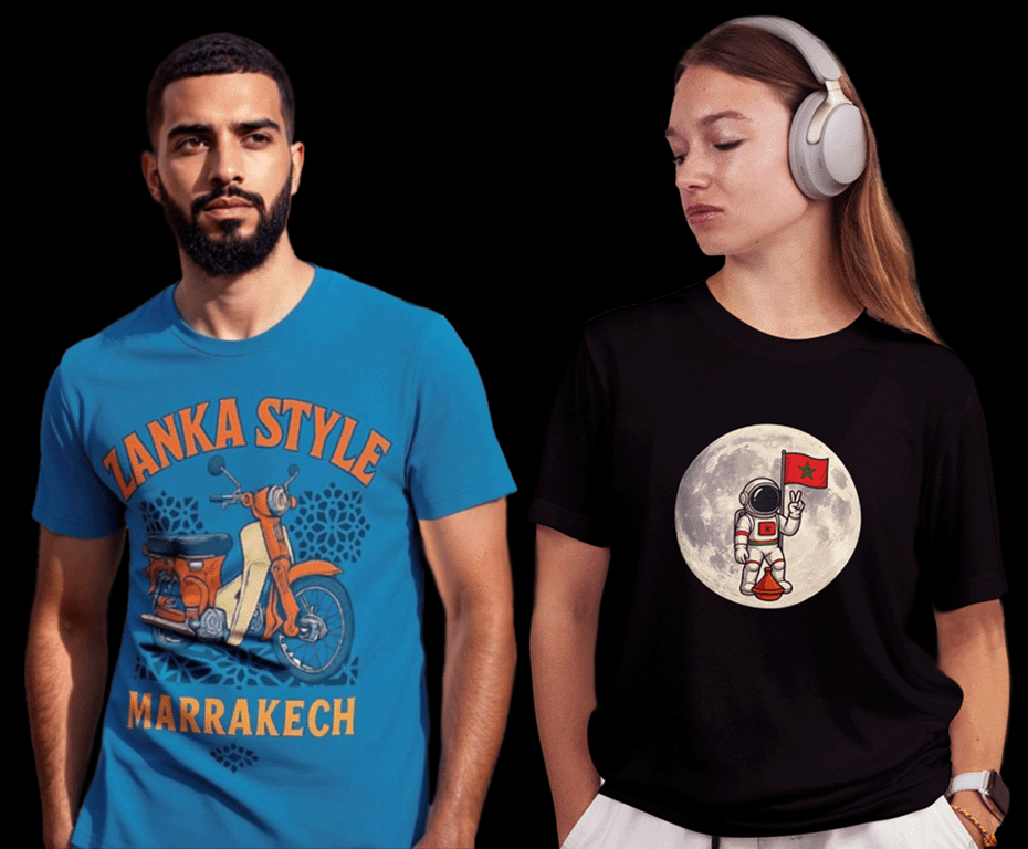 Man White CAF2025 + Women Black Astronaut_standing w tagine and MA Flag